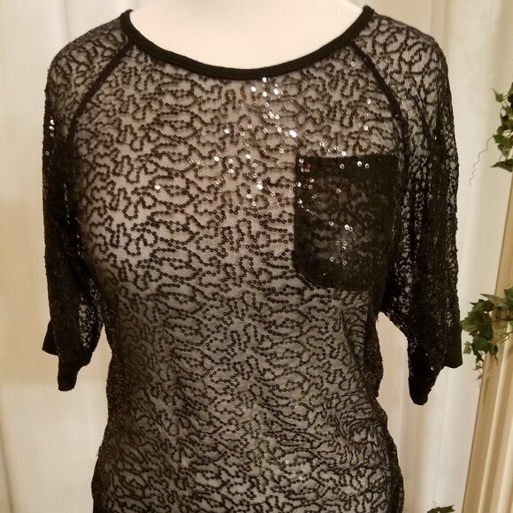 Black shear sequin short sleeve front pocket L - Picture 1 of 6